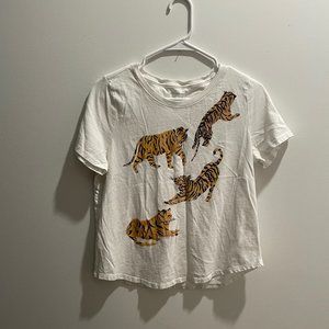 Anthropologie White T-Shirt with Tigers - Size MEDIUM